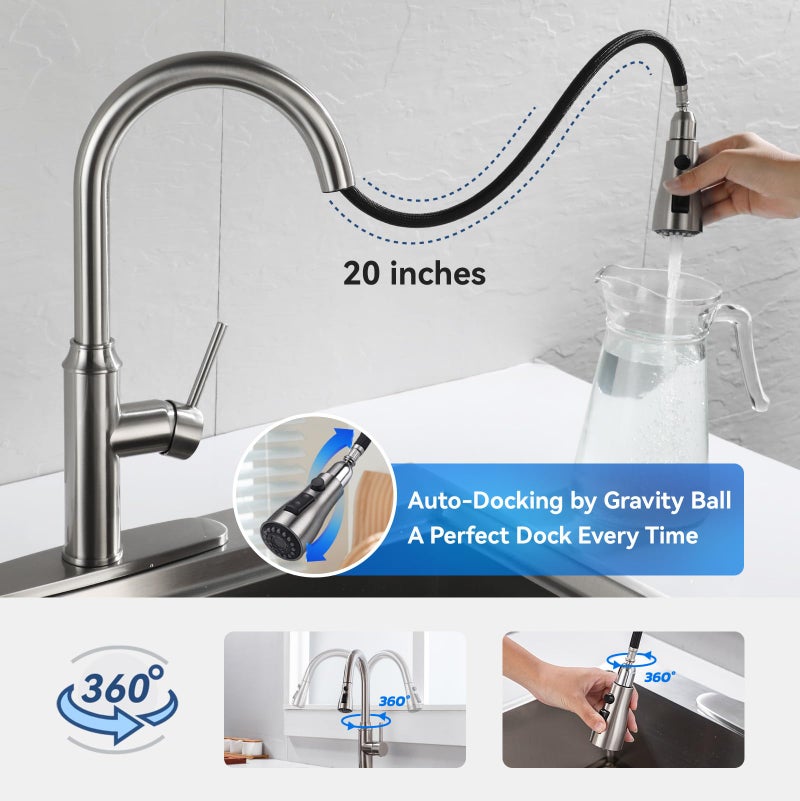 Arofa Kitchen Faucet with Pull Down Sprayer, Brushed Nickel Kitchen Sink Faucet 1-3 Hole Single Handle High Arc Stainless Steel Commercial Modern Kitchen Faucets for RV/Laundry/Outdoor/Farmhouse Sink - Image 4
